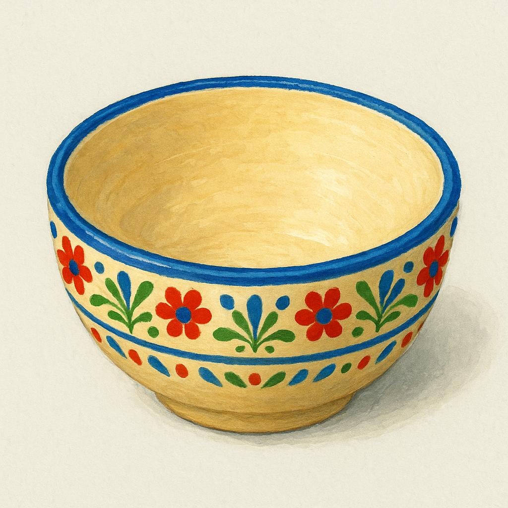 A single, brightly colored ceramic bowl decorated with intricate, repeating traditional folk patterns, symbolizing a long-standing custom or historical craft.