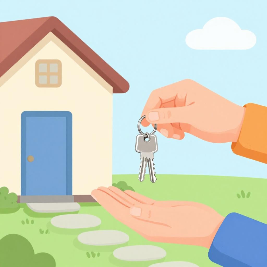 A person handing a set of metal keys to another person in front of a small house.