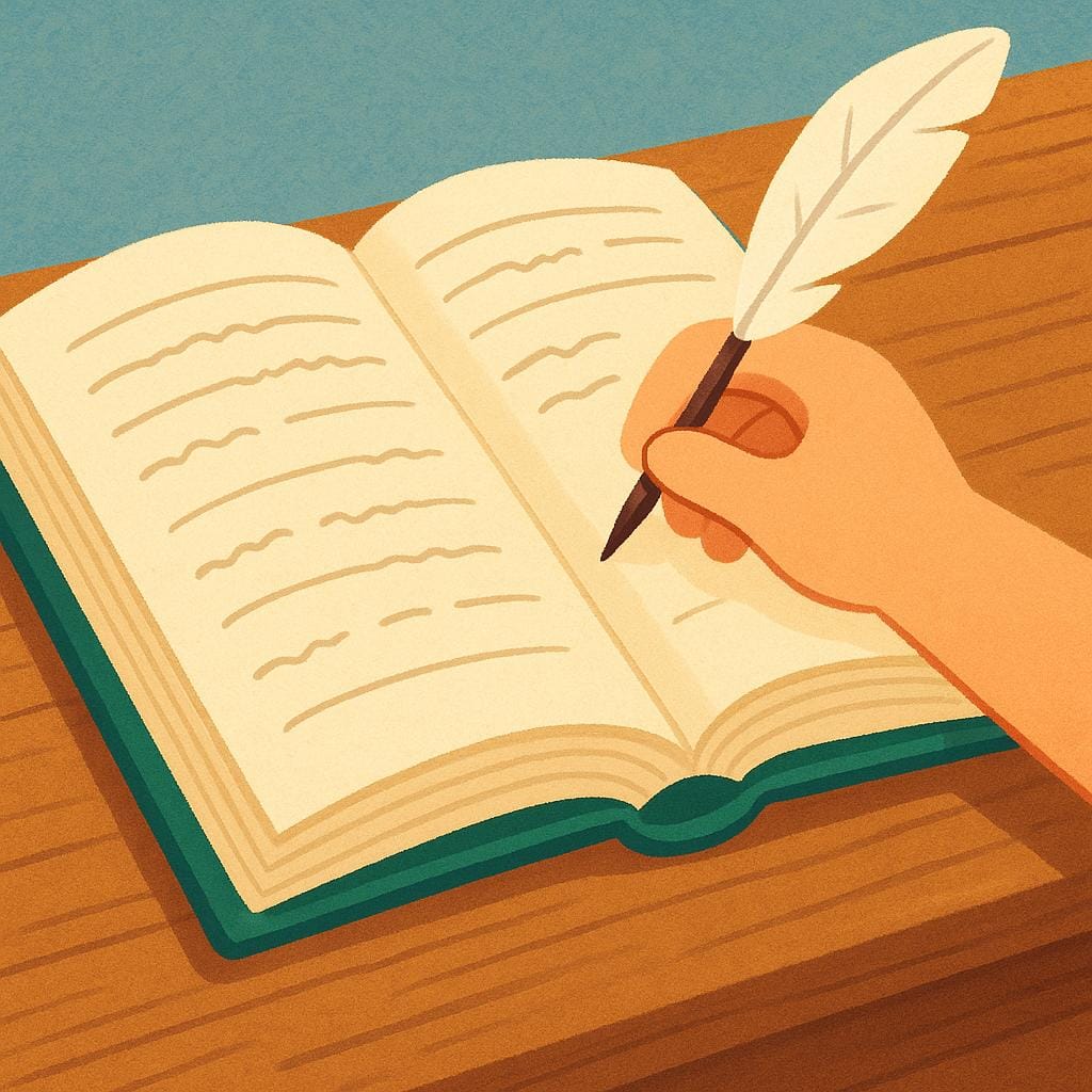 A stylized hand holding a quill pen poised over the open pages of a large, green ledger book, representing the recording of entries.