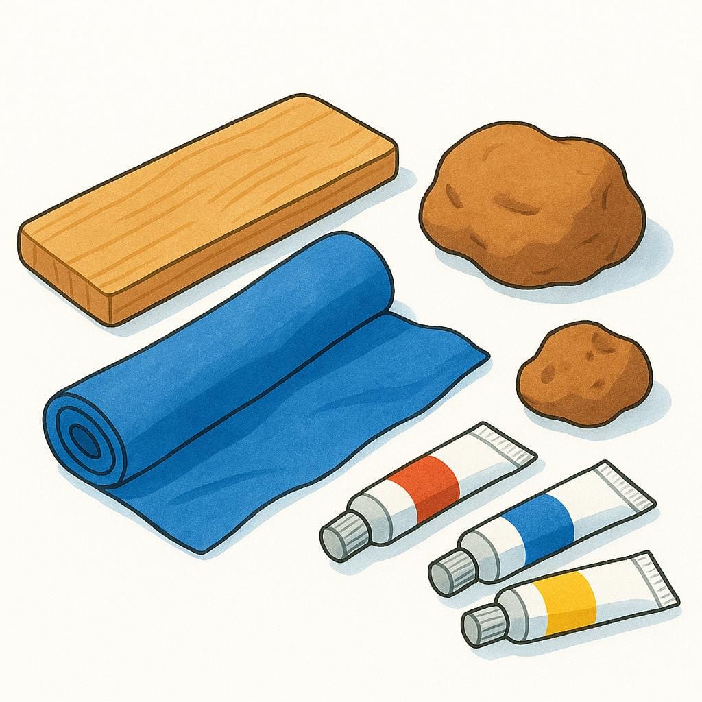 A collection of colorful building materials, including wooden blocks, rolls of fabric, and tubes of paint, neatly arranged.