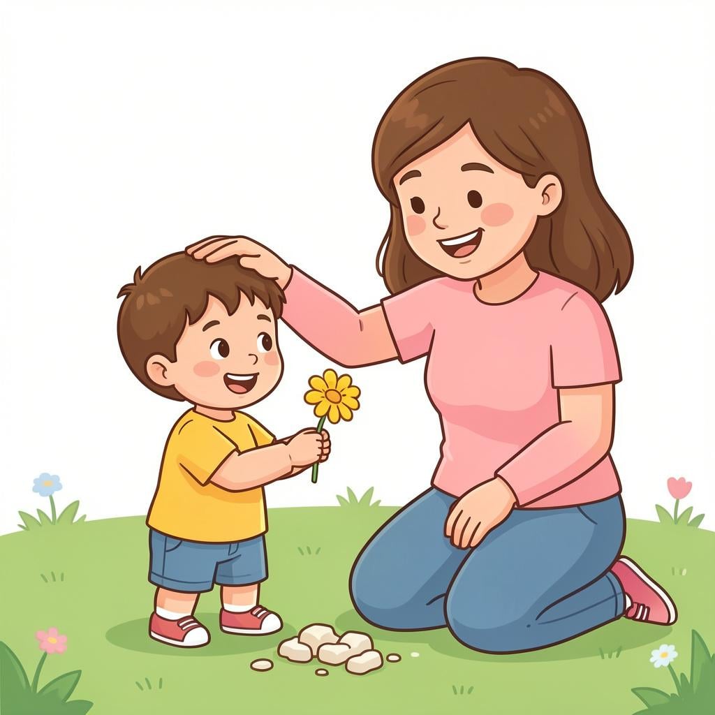 A child handing a hand-drawn flower to an adult who is smiling kindly.
