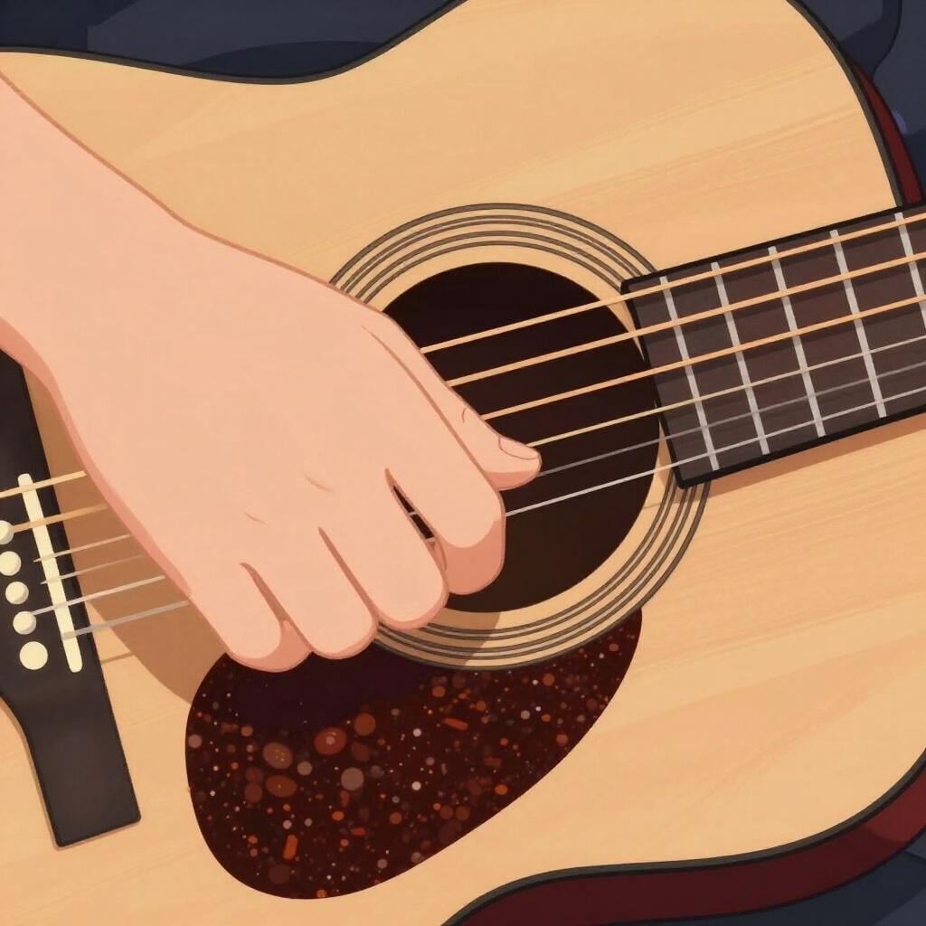 A hand plucking the nylon strings of a classical guitar.