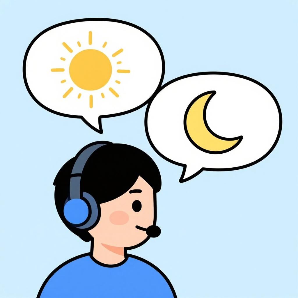 A friendly person speaking into a headset while looking at two different colorful speech bubbles representing different languages.