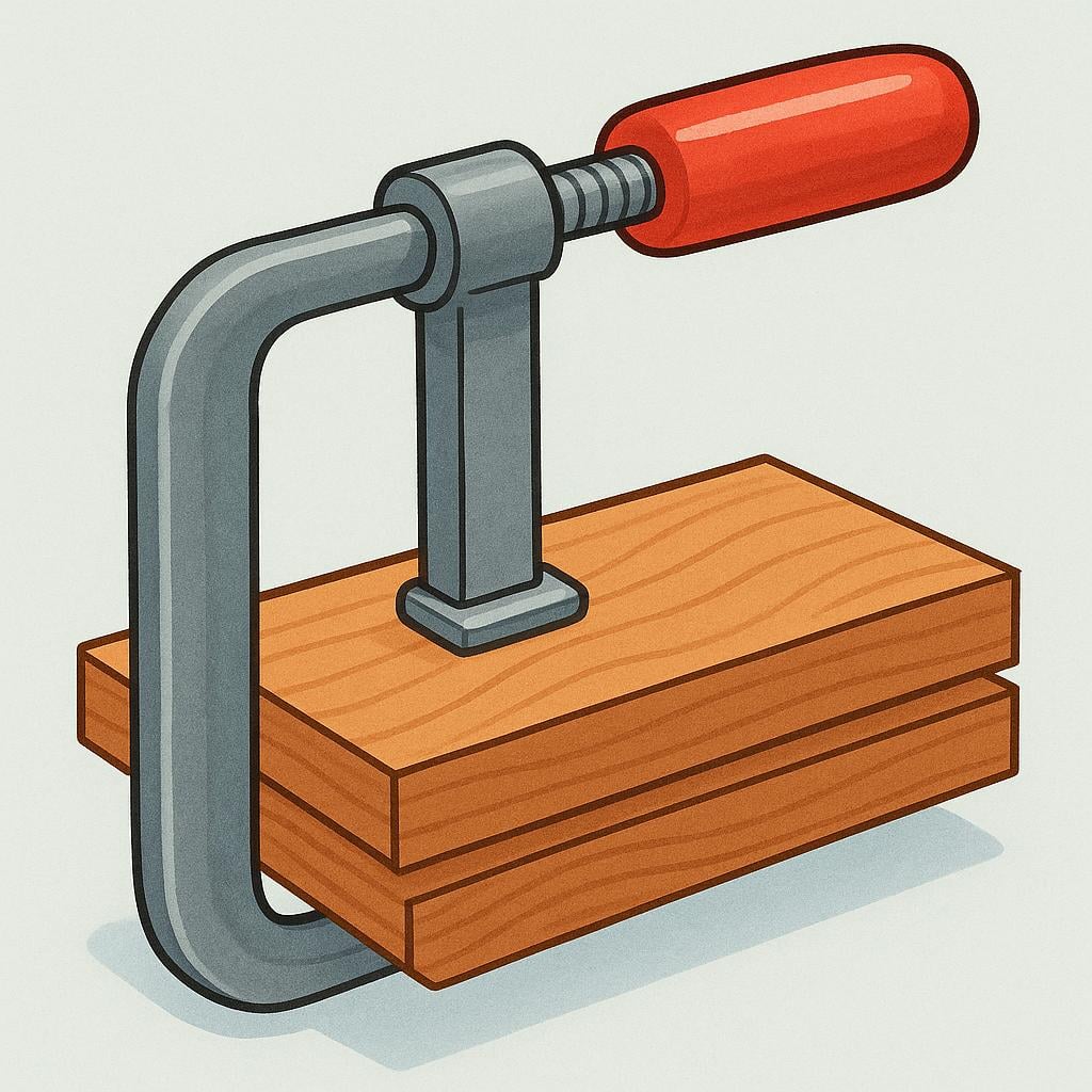 A sturdy, metallic F-clamp (or bar clamp) with a red handle, actively holding two planks of wood tightly together.