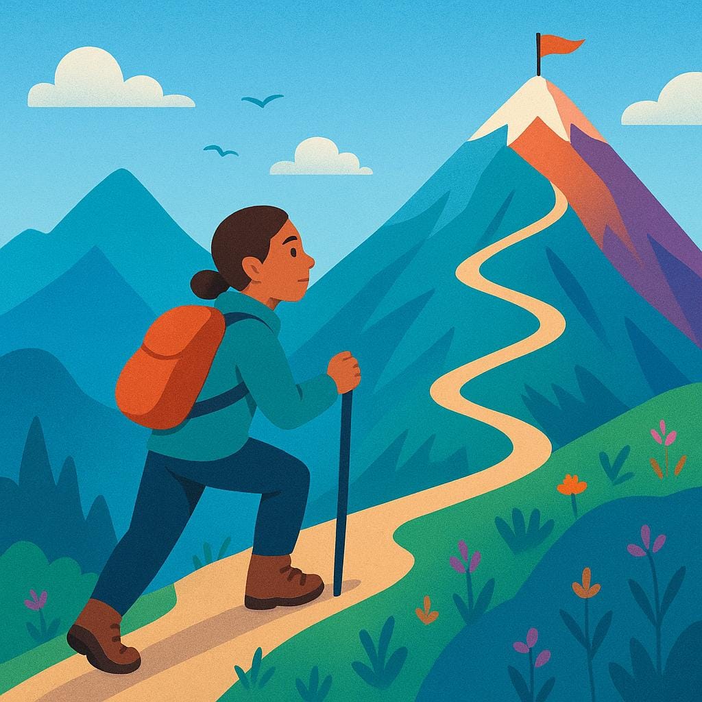 Uma pessoa jovem caminhando determinada por um caminho íngreme e sinuoso em direção ao cume iluminado de uma montanha alta.