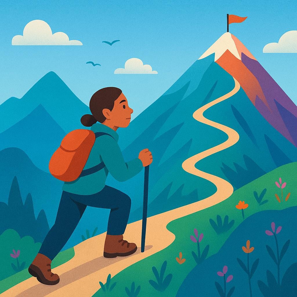 A young person hiking determinedly up a steep, winding path toward the brightly lit summit of a tall mountain.