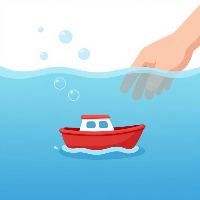 Un petit bateau jouet rouge étant poussé complètement sous l'eau dans une piscine d'eau bleue claire.