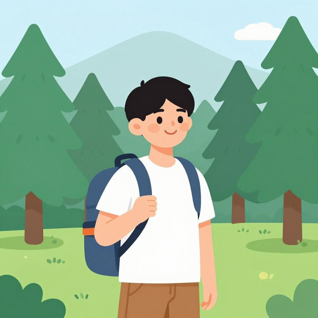 Eine freundliche Person steht vor einer symbolischen Landschaft, die Nordamerika repräsentiert.