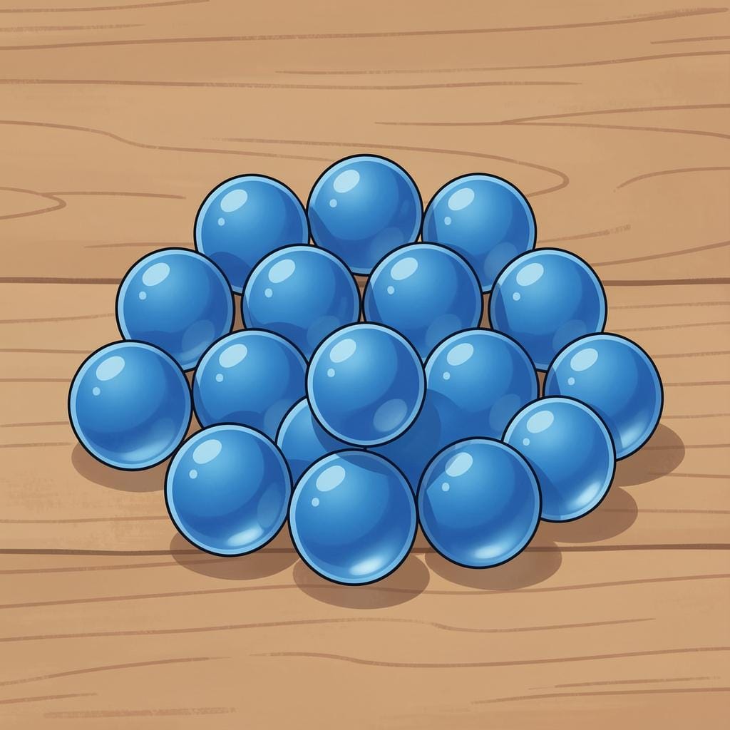 A collection of fourteen shiny blue marbles grouped together.