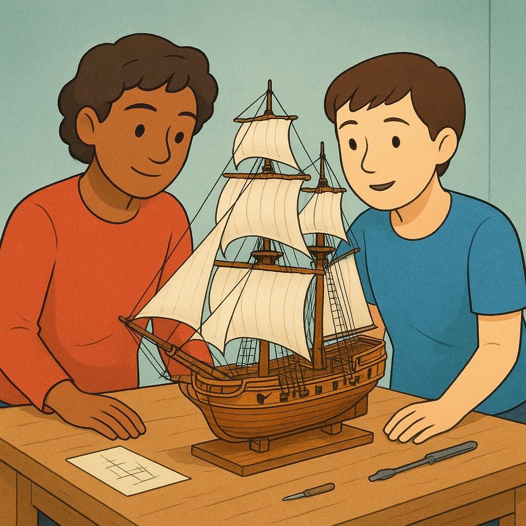 Two people standing next to a table, both focused entirely on a detailed, central model of a wooden sailing ship, indicating the subject of discussion.