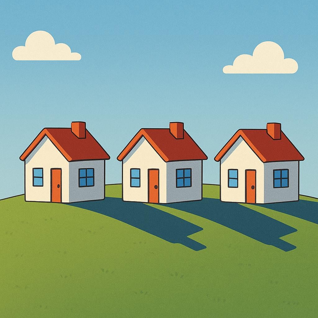 A colorful illustration showing three small houses aligned on a hill, each casting a long, distinct shadow from the low, warm sun, symbolizing multiple afternoons.