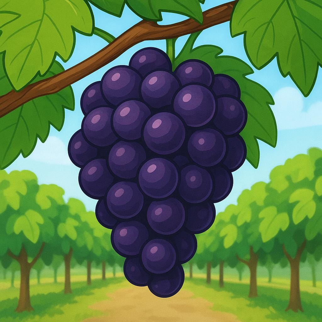 A close-up view of perfect, ripe dark purple grapes hanging heavily on a green vine in a vineyard, representing a specific vintage year.