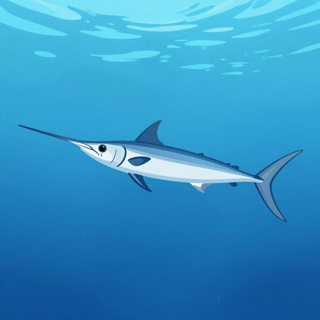 A long, thin silver fish with a sleek body swimming in blue water.