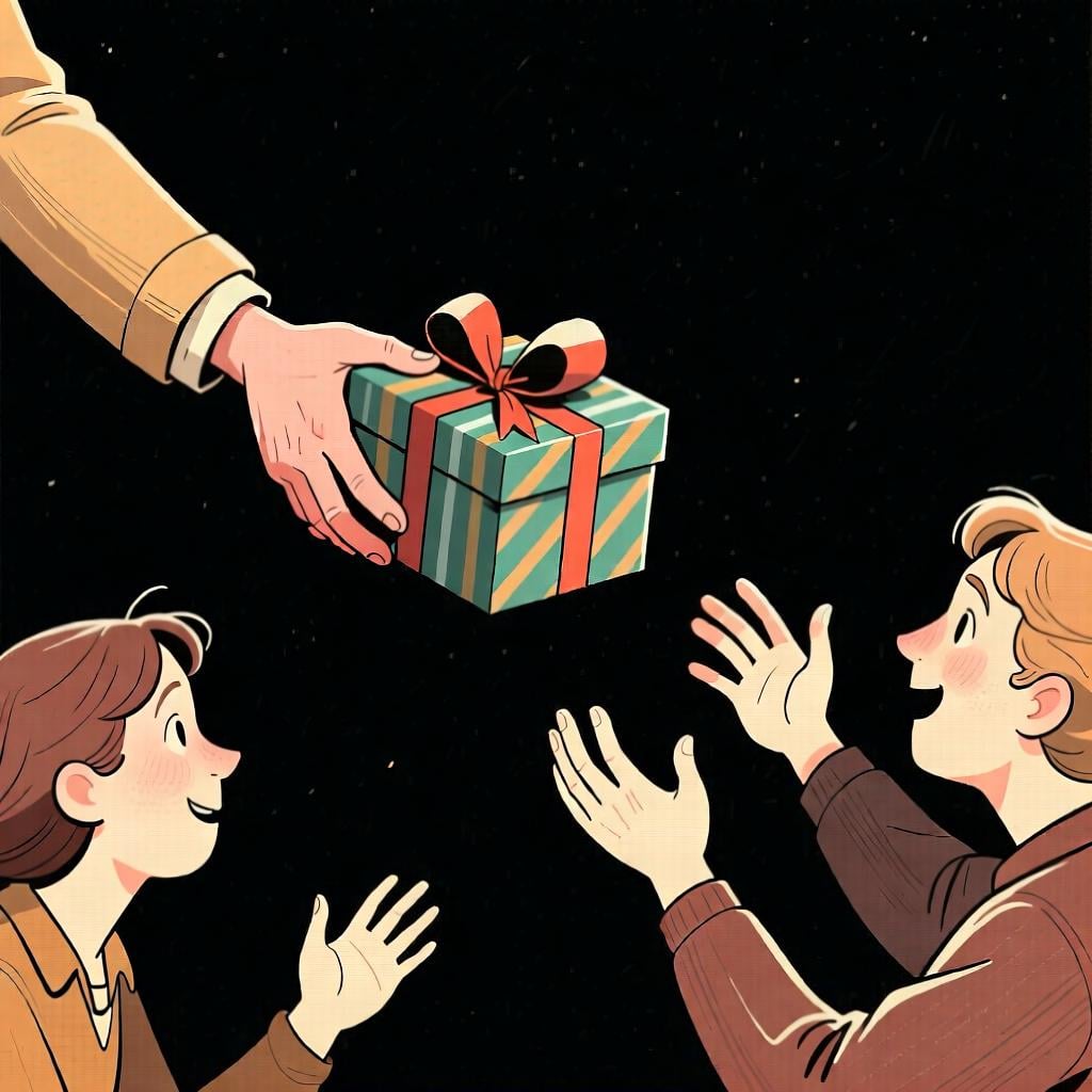 A person handing a gift box to a group of two people, representing the action being done 'to us'.