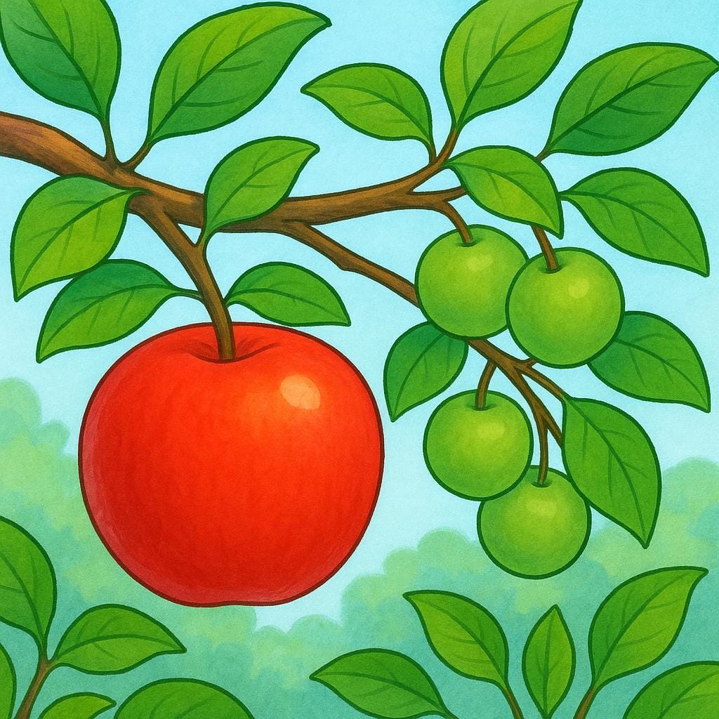 A single, large, ripe red apple hangs prominently on a tree branch, surrounded by several smaller, unripe green apples, indicating an early ripening.
