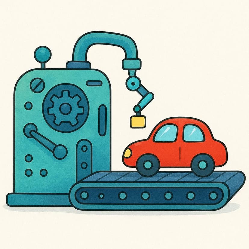 Uma configuração de fábrica simplificada mostrando uma pequena máquina ativamente deixando cair um carrinho de brinquedo vermelho brilhante recém-fabricado em uma esteira transportadora.