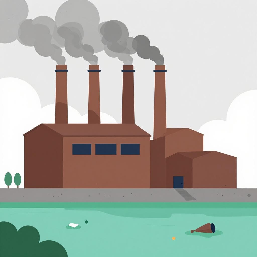 Une usine avec de la fumée noire sortant de ses cheminées à côté d'une rivière à l'eau trouble et de quelques déchets.