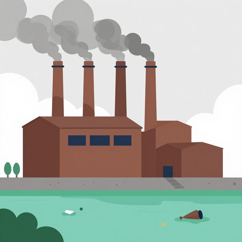 Une usine avec de la fumée noire sortant de ses cheminées à côté d'une rivière à l'eau trouble et de quelques déchets.