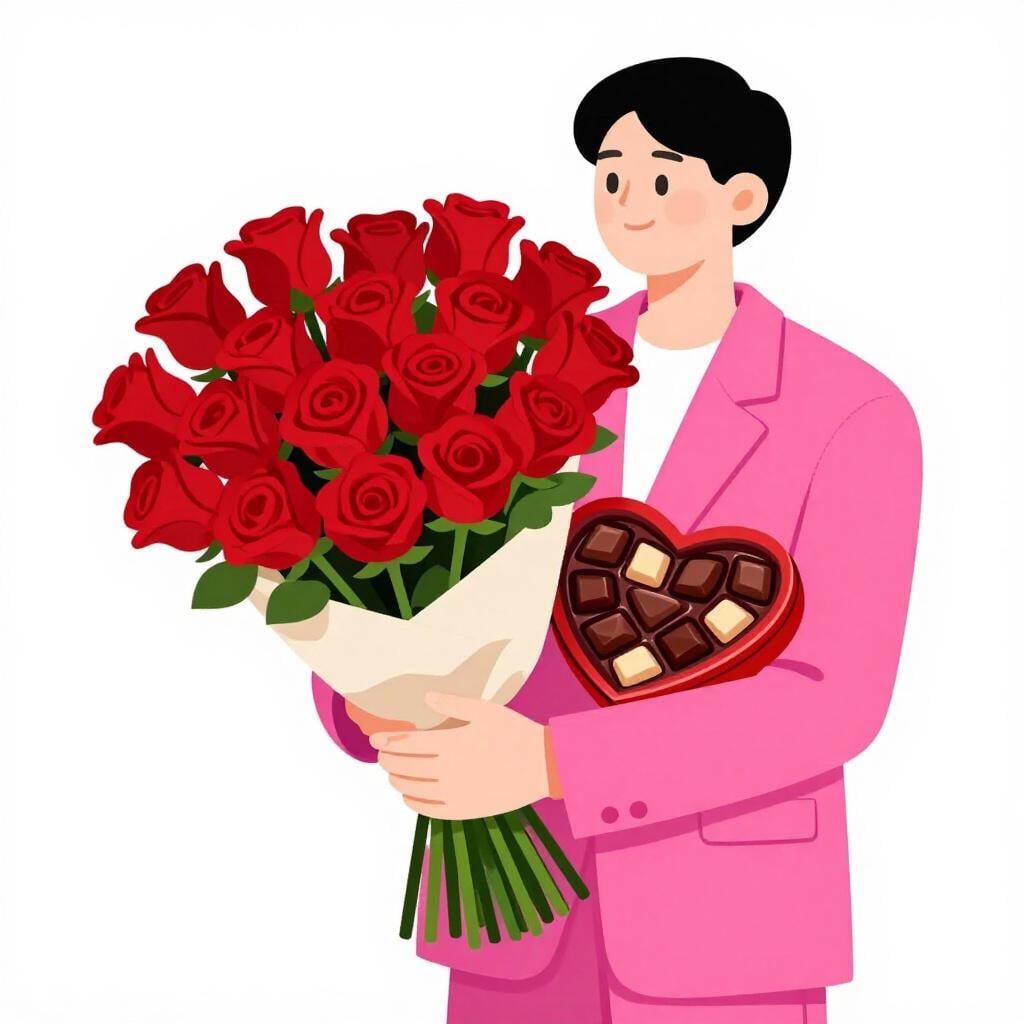 Uma pessoa vestindo um terno rosa brilhante segurando um buquê gigante de rosas vermelhas e uma caixa de chocolates em forma de coração.