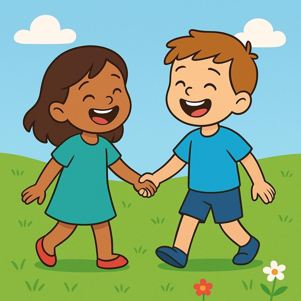 A boy and a girl, smiling happily while holding hands in a sunny field, suggesting they are cousins.