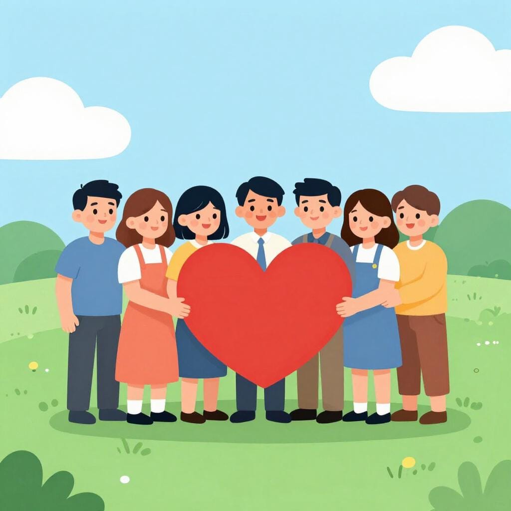 A group of diverse people standing together on the left side of a park, holding a large heart-shaped sign.