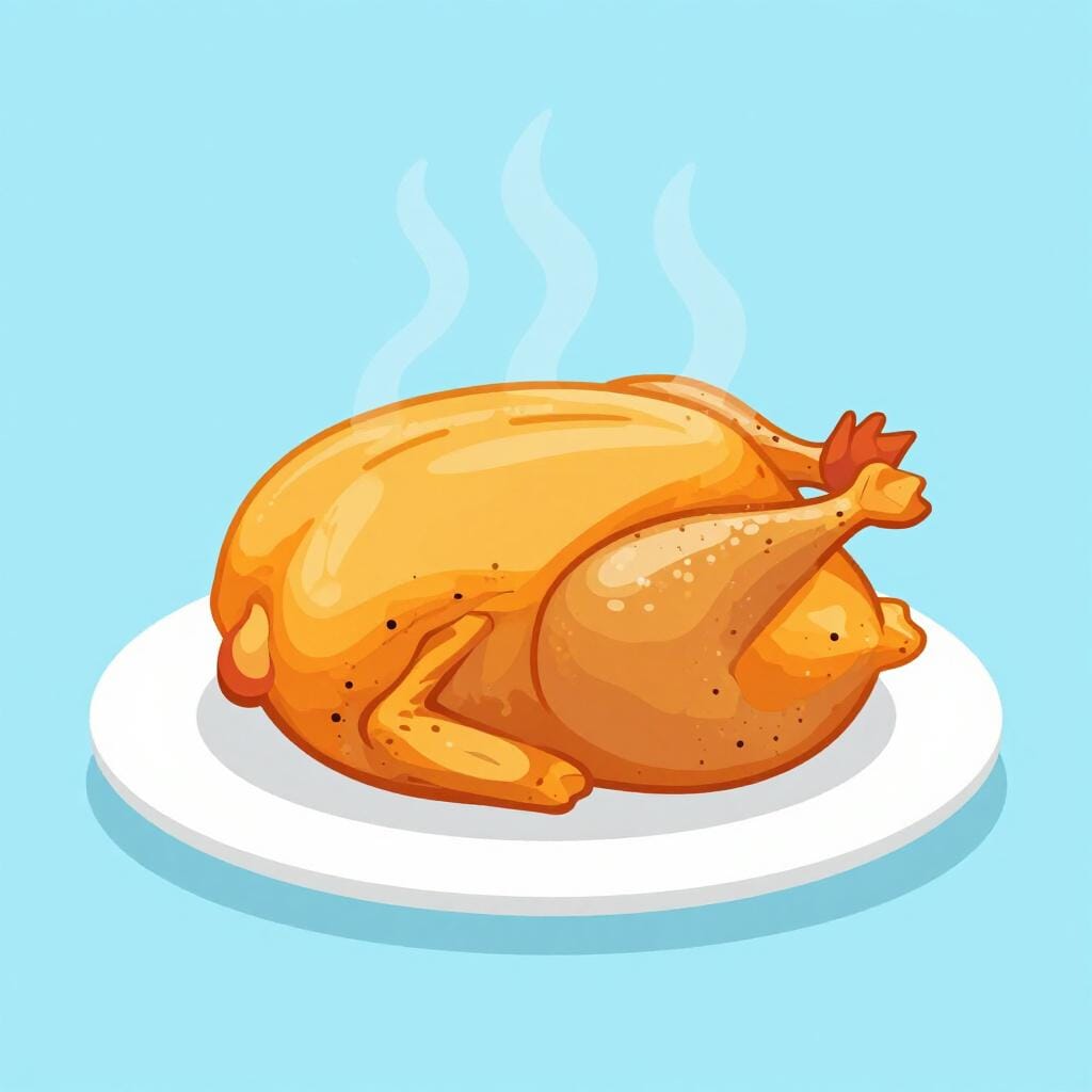 Een dampende, goudbruine gebraden kip op een wit keramisch bord.