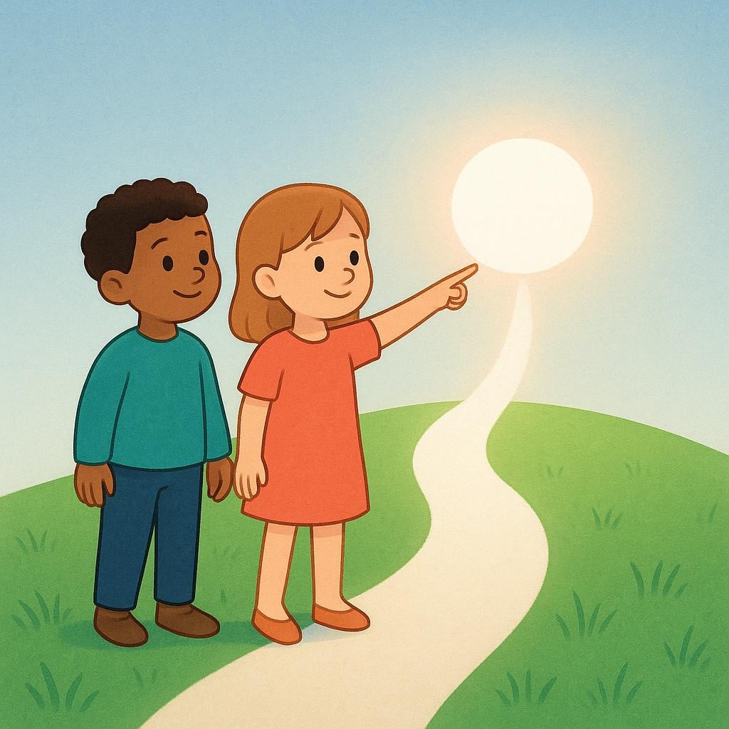 A high quality simple colorful storybook illustration showing two children standing on a hill, looking confidently towards a bright, open path ahead of them, symbolizing their future potential.