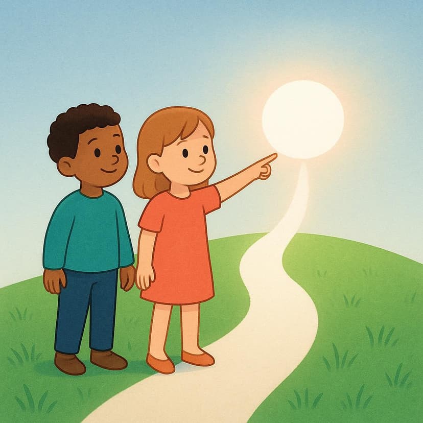 A high quality simple colorful storybook illustration showing two children standing on a hill, looking confidently towards a bright, open path ahead of them, symbolizing their future potential.