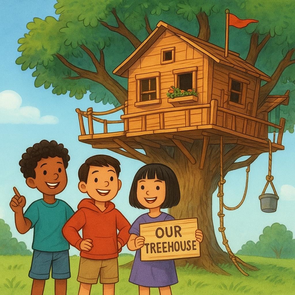 A group of three friends standing proudly next to a creatively built wooden treehouse. They are smiling and gesturing toward the structure, signifying ownership.