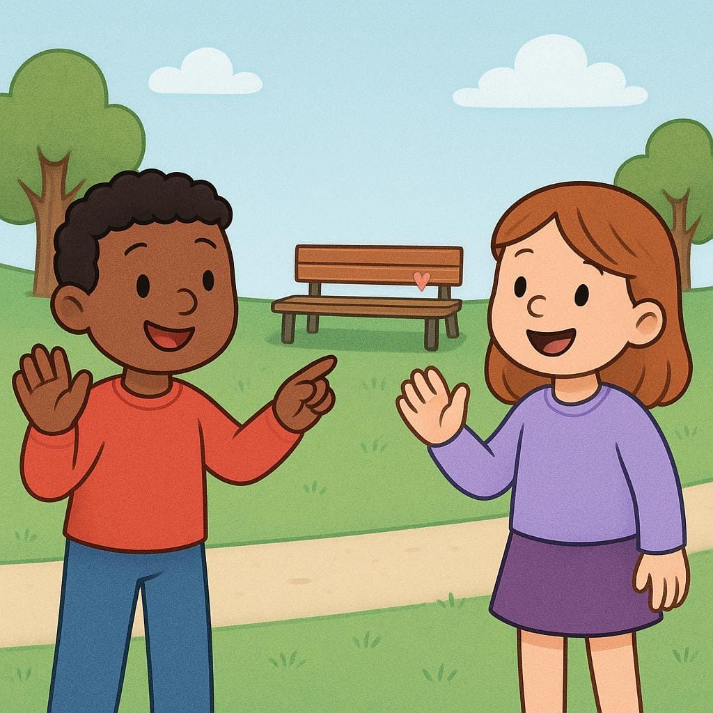 Twee vrienden die elkaar vaarwel wuiven, waarbij één vriend naar een parkbank wijst, wat het afspreken voor later symboliseert.