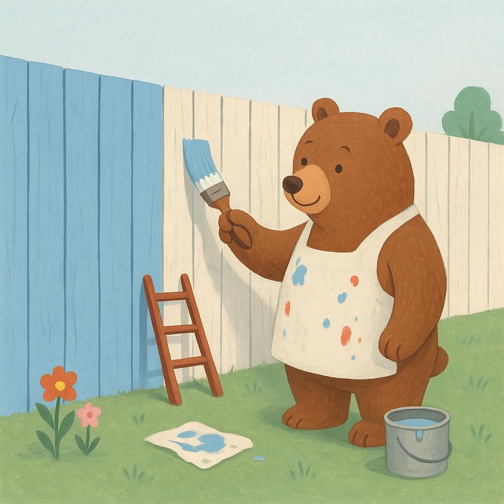 A storybook illustration of a bear painting a fence, showing that the bear is continuing the work already started.