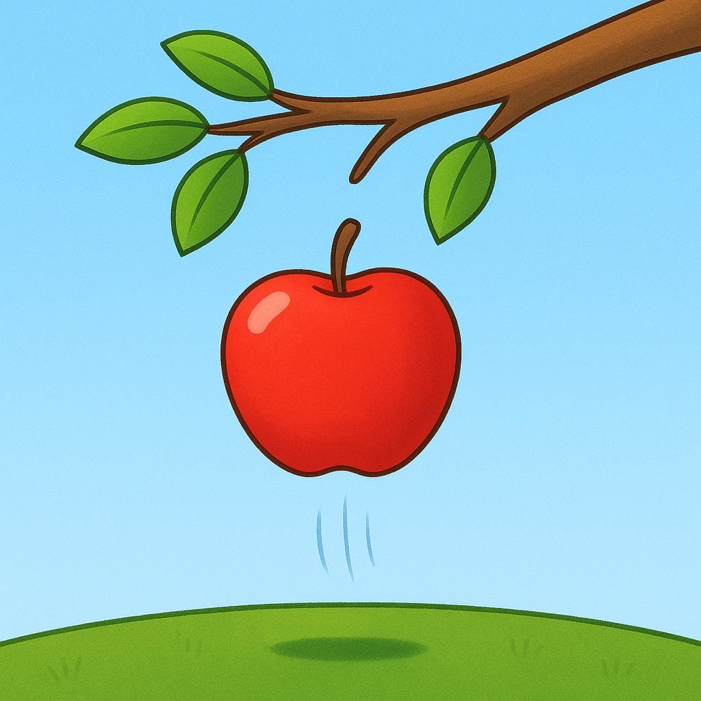 A bright red apple dropping straight down from a green tree branch toward the brown earth, illustrating the physical force of gravity.
