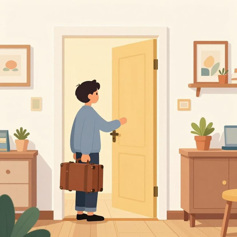 A friendly person standing at an open door, welcoming a traveler with a suitcase into a cozy home.