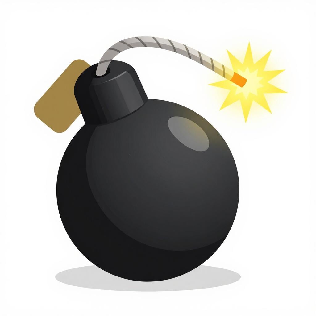 A heavy black metal sphere with a thick rope fuse sticking out of the top.