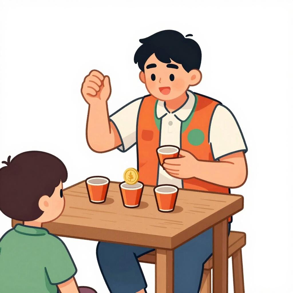 A street performer hiding a gold coin under one of three cups to trick a passerby.