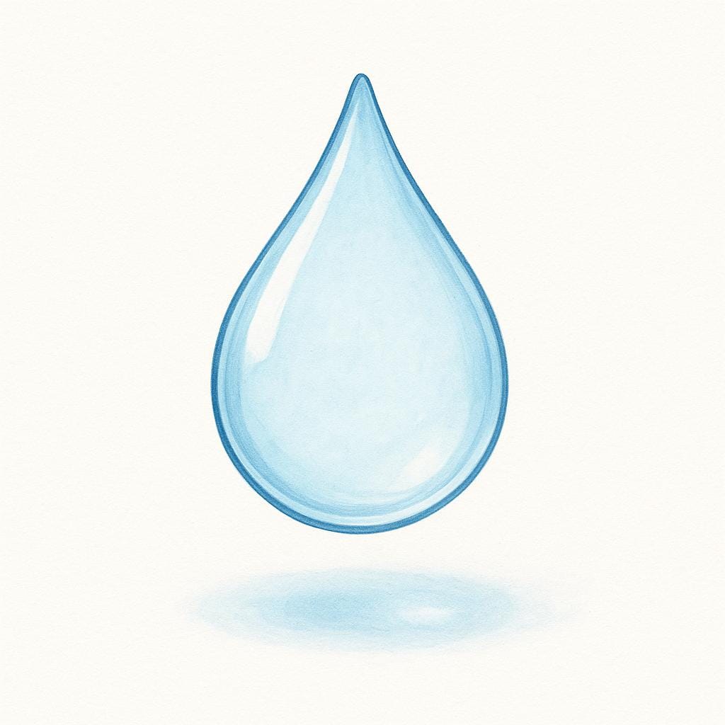 A single, perfectly clear, unmixed drop of water suspended in the air, illustrating purity.