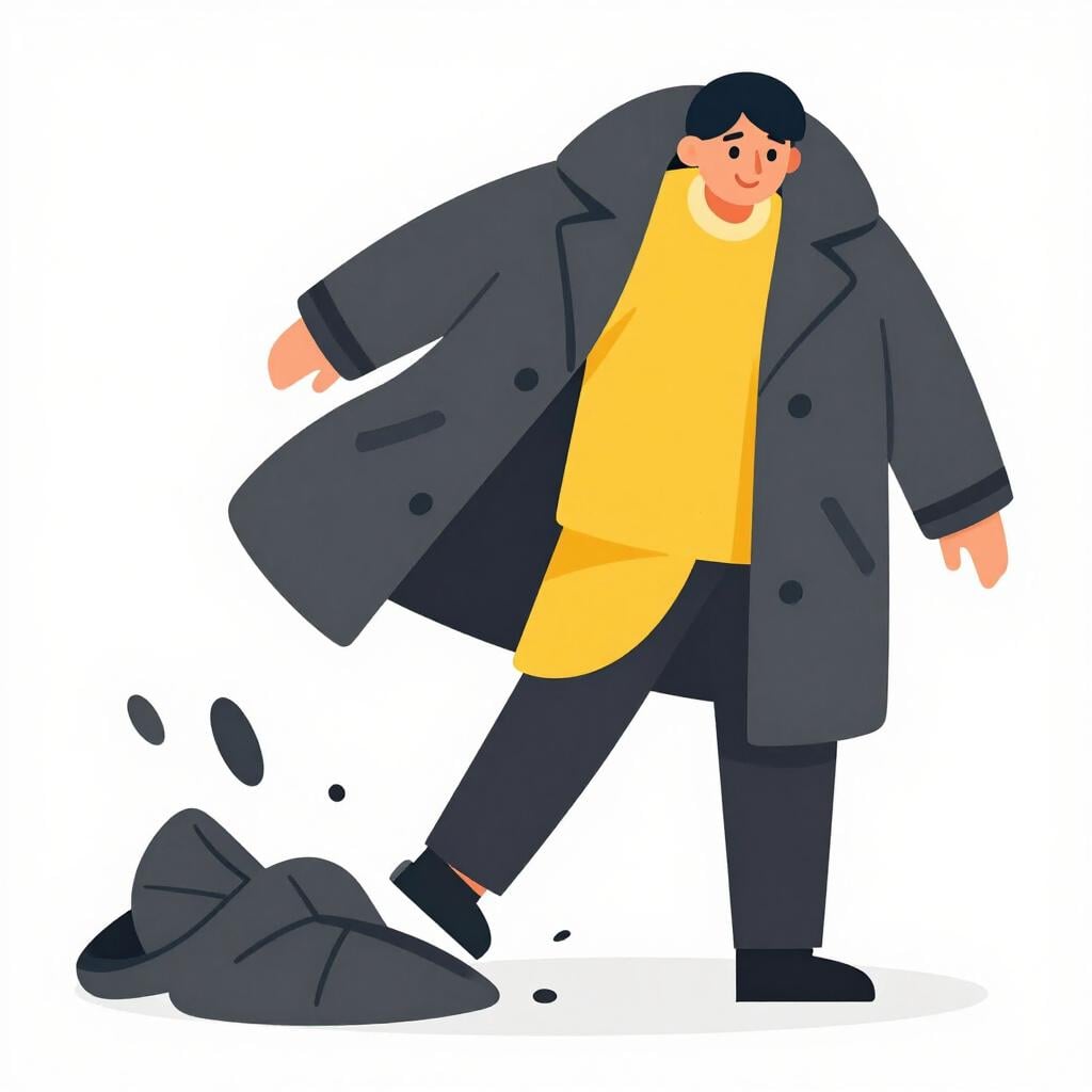 A person happily stepping out of a heavy, dark grey coat to reveal bright colorful clothes underneath.