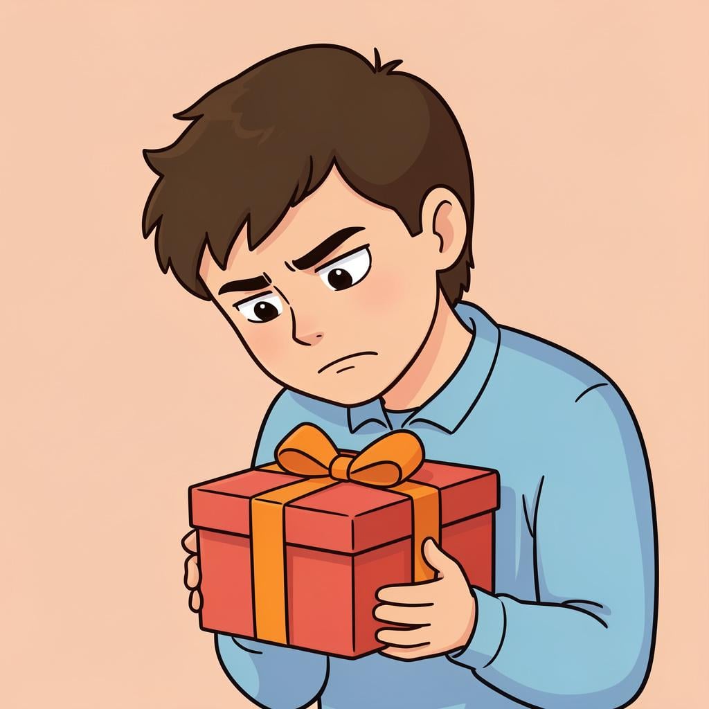 A person with a thoughtful expression tilting their head and raising one eyebrow while looking at a mysterious box.