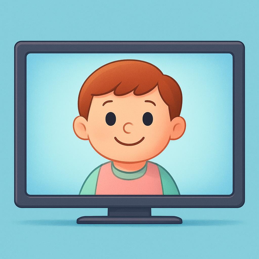 A simple, friendly cartoon character is prominently displayed on a large television screen, signifying that the character is featured in the media.