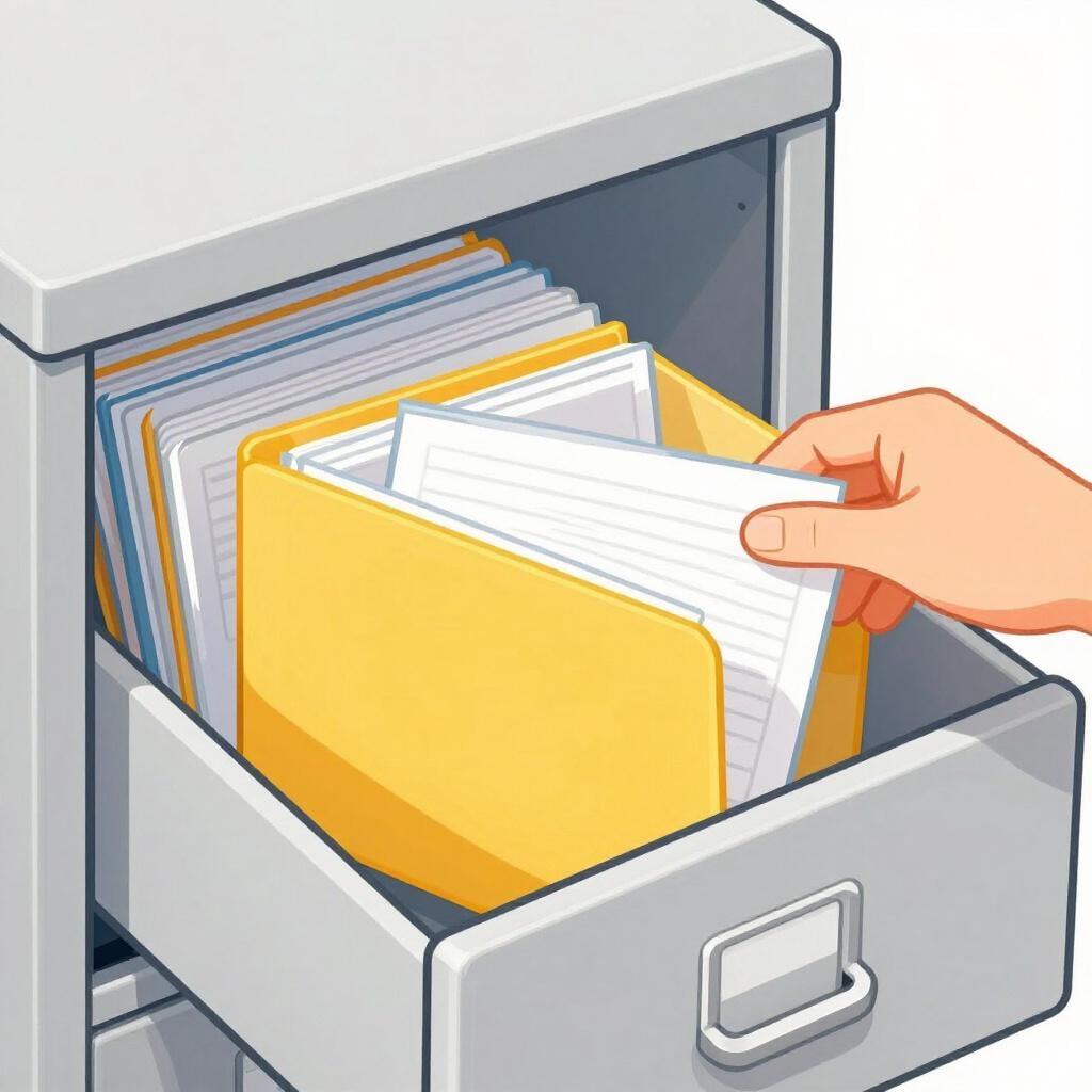 A hand placing a colorful folder into a metal filing cabinet drawer.