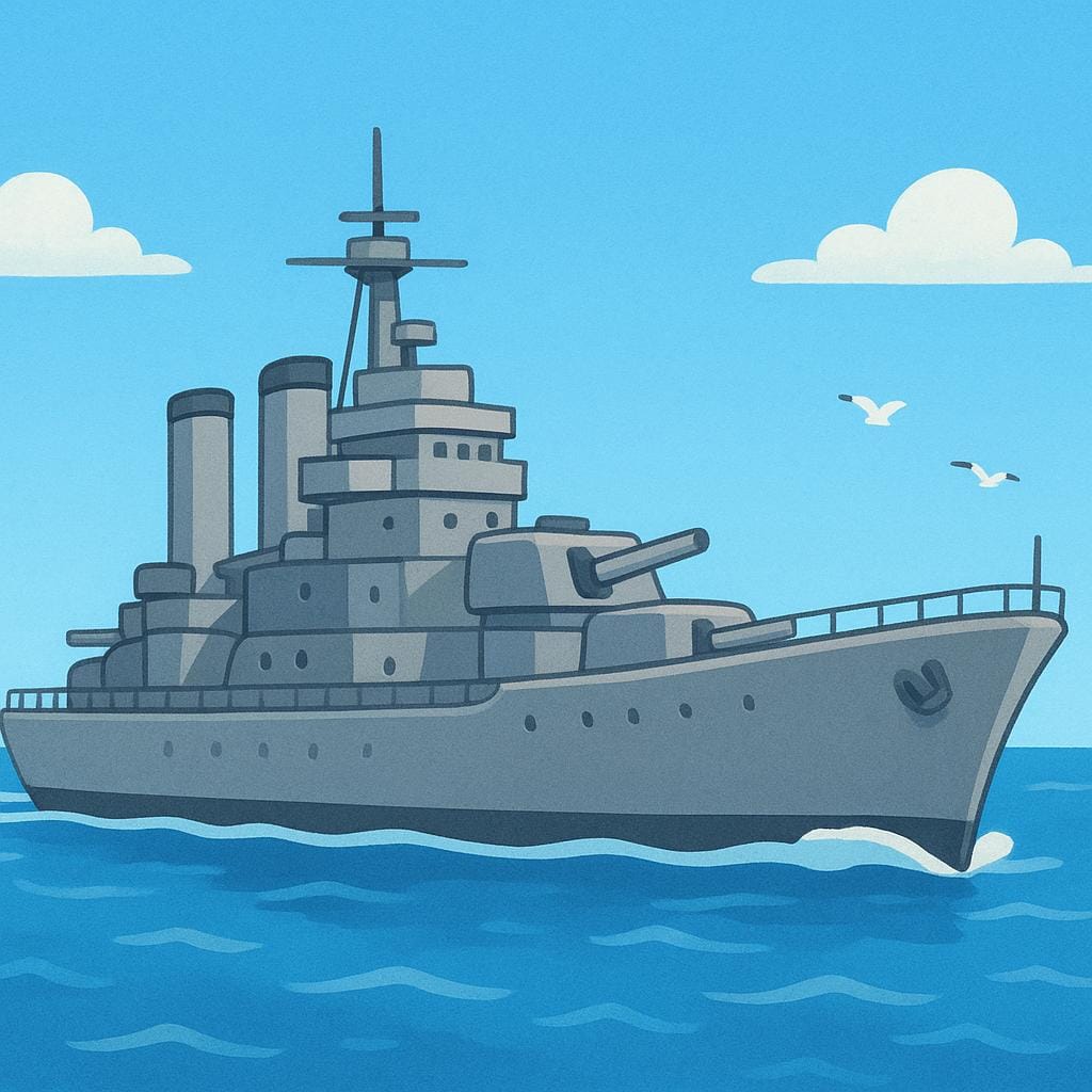 A simplified illustration of a large grey battleship moving across the water, representing a naval military force.