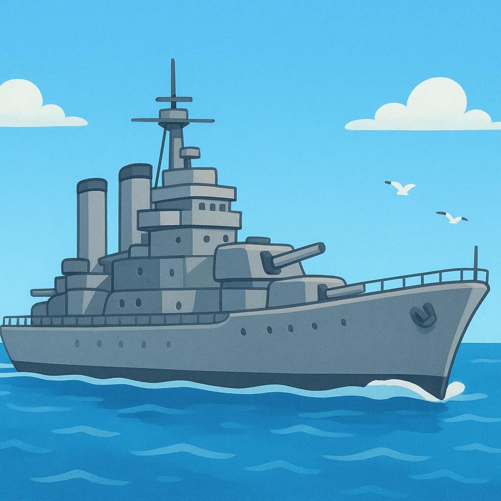 A simplified illustration of a large grey battleship moving across the water, representing a naval military force.
