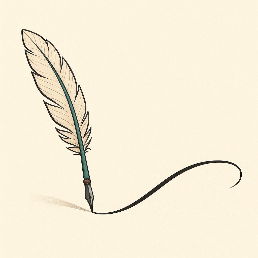 A quill pen drawing a single, graceful, flowing curve on paper, symbolizing elegant writing style.