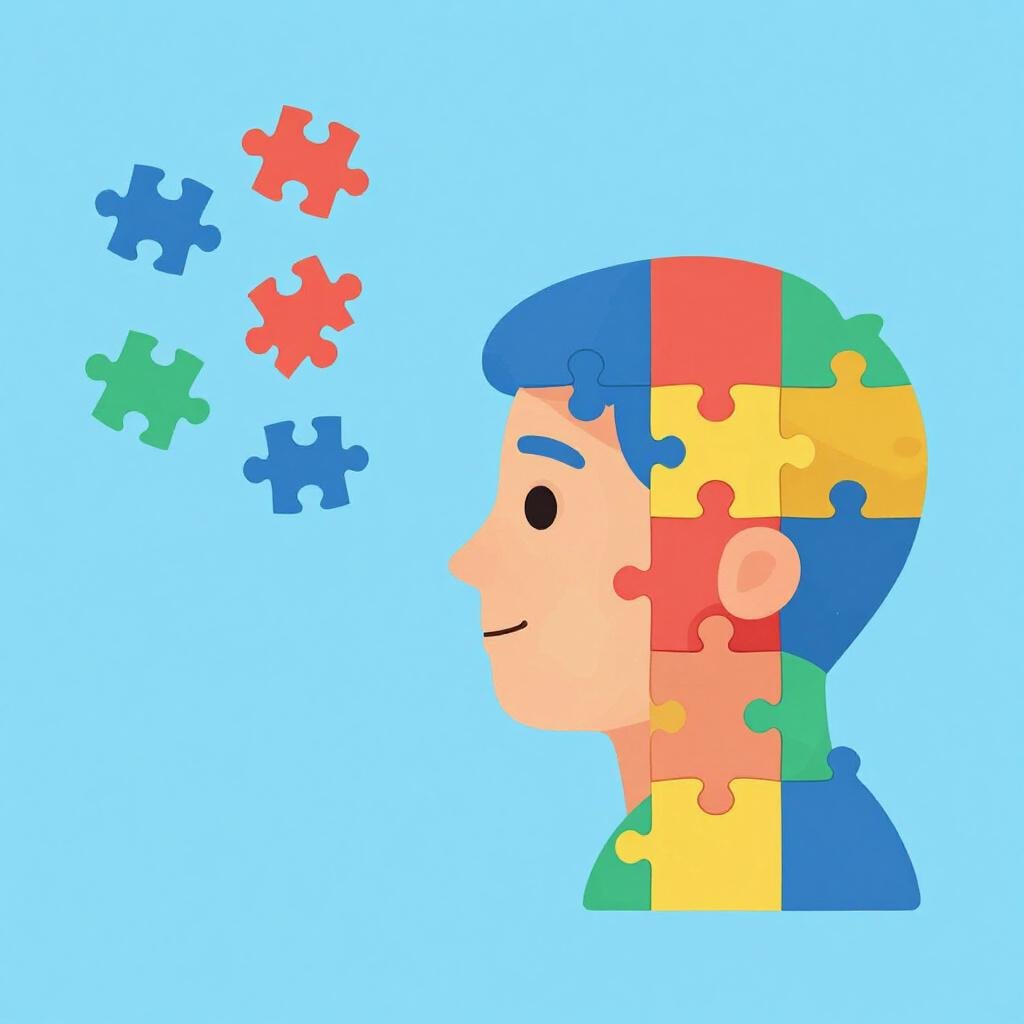 Une tête humaine en puzzle coloré avec quelques pièces manquantes.