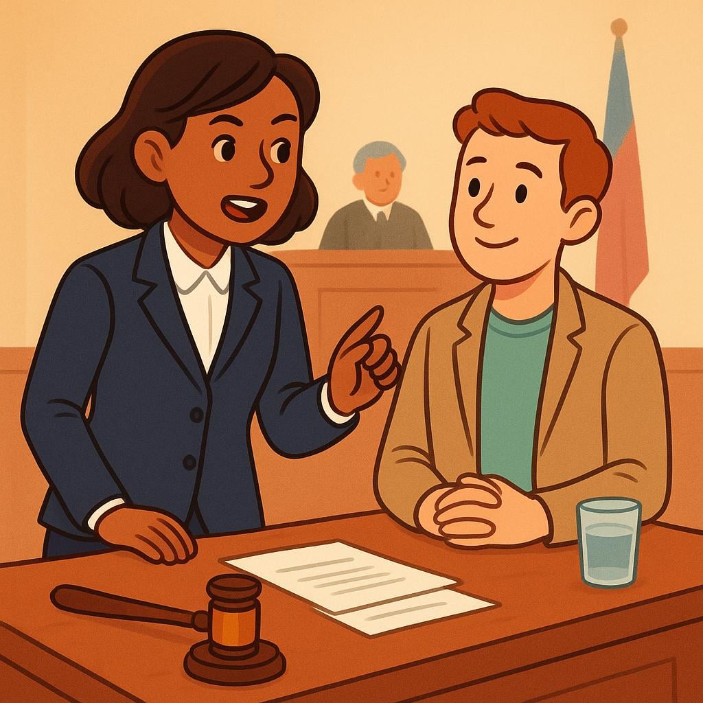 A lawyer wearing a formal suit is speaking assertively from behind a courtroom table, standing next to a client who appears relieved or calm.