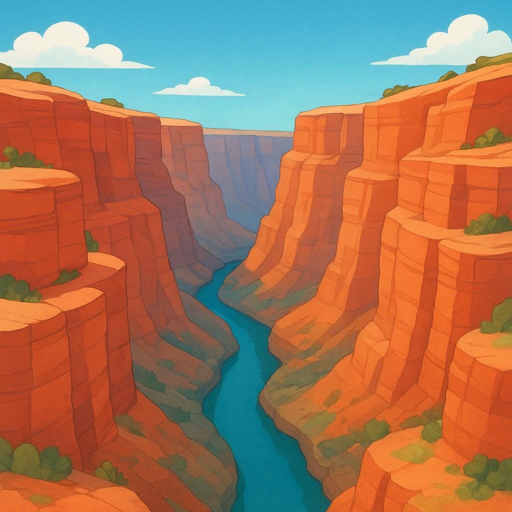 A sweeping view of a massive, deep canyon with steep, stratified red rock walls under a bright blue sky.