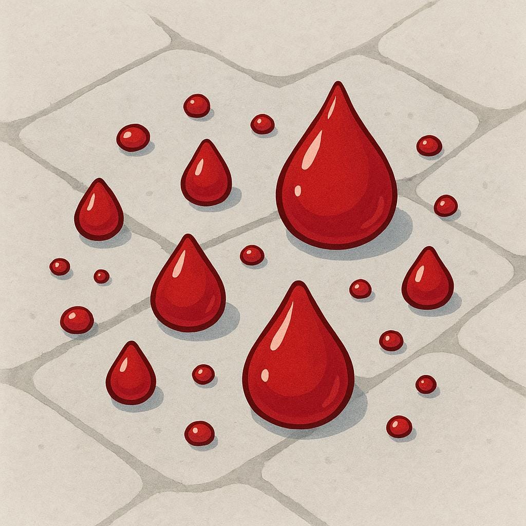 Een hoogcontrastillustratie met verschillende grote, gestileerde dieprode druppels die ongelijkmatig over een eenvoudig, lichtgrijs pad zijn verspreid, wat meerdere daden van schade of moord symboliseert.