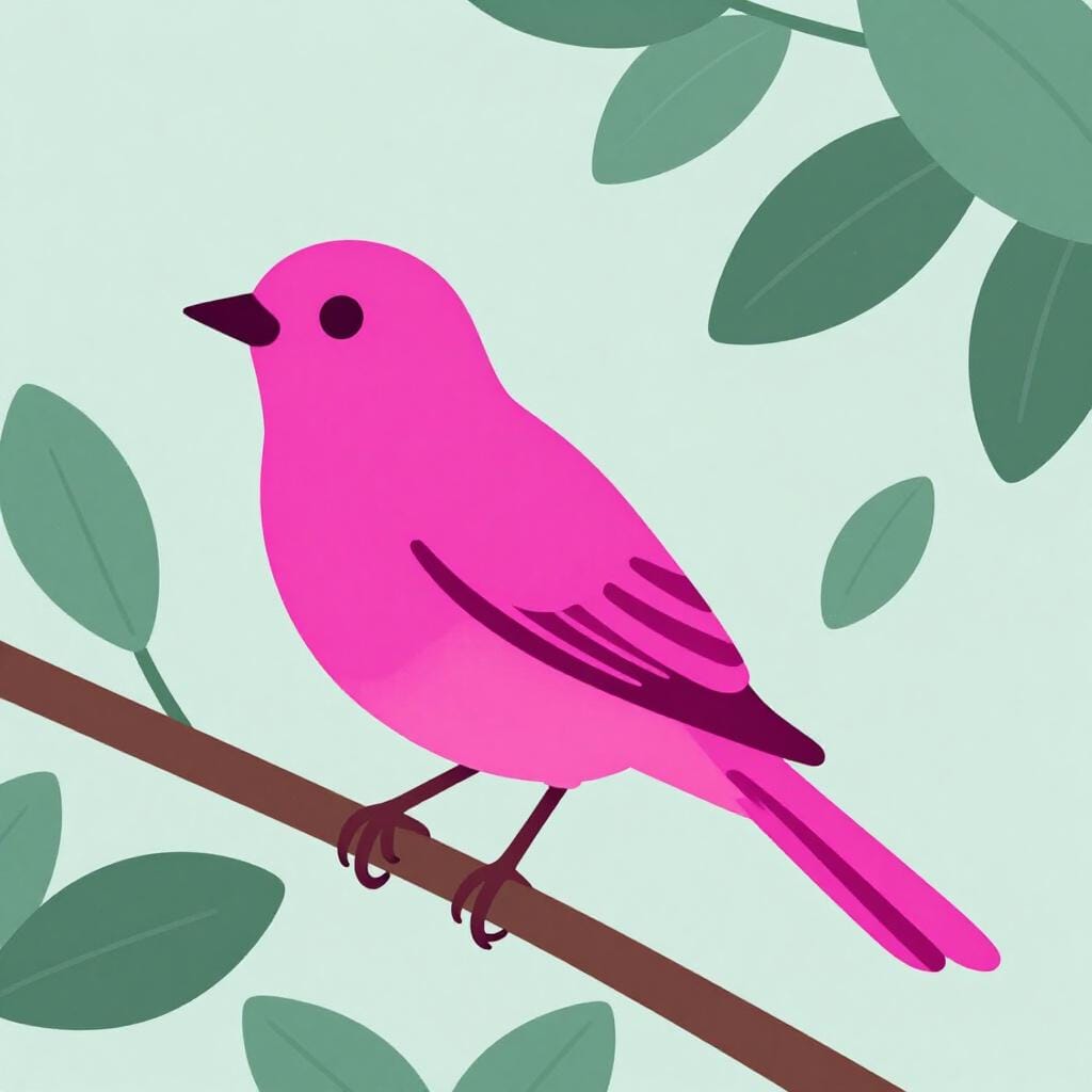 A bright neon pink bird sitting on a branch among plain green leaves.