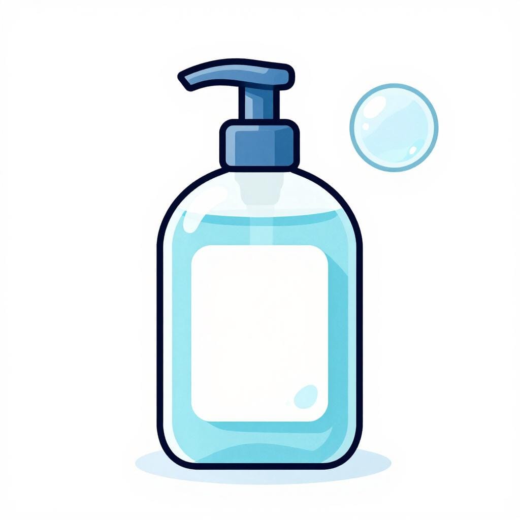 Una piccola bottiglia di sapone liquido con una bolla che esce dalla pompa.