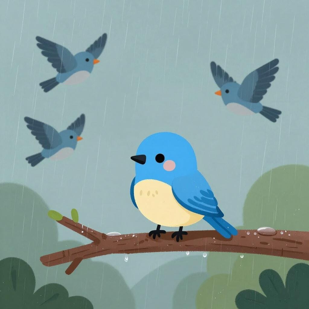 A small, sad bird sitting in the rain while other birds turn away from it.